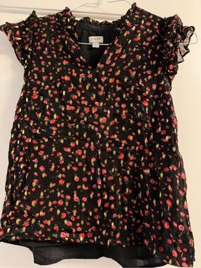 J. Crew Black Floral Ruffle-Sleeve Blouse with Pink and Green Motif